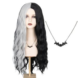 Lily Munster Wig Costume for Women Long Wavy Black with Silver Hair Party Halloween Wig