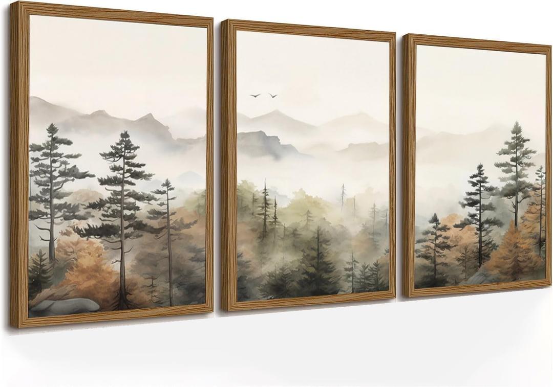 Framed Mountain Landscape Wall Art Set of 3 - Canvas Prints with Real Wood Frame Foggy Pine Tree Misty Forest Painting Nature Picture Wall Decor for Living Room Bedroom Office 16x24 Inches