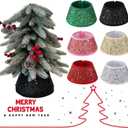 2 x 7.5 Inch Glittering Christmas Tree Collar, Sequin Rustic Mini Tree Skirt Base Cover for Small Tabletop Trees, Holiday Home Decor Gift, Black