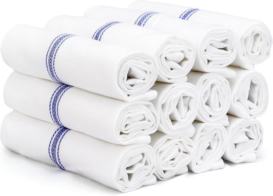 Kitchen Towels, 12 Pack 14"x25" Dish Drying Towels, 100% Cotton Tea Towel with Hanging Loop, Reusable Napkin, Durable After Multiple Washes, Soft & Absorbent - Blue Stripe