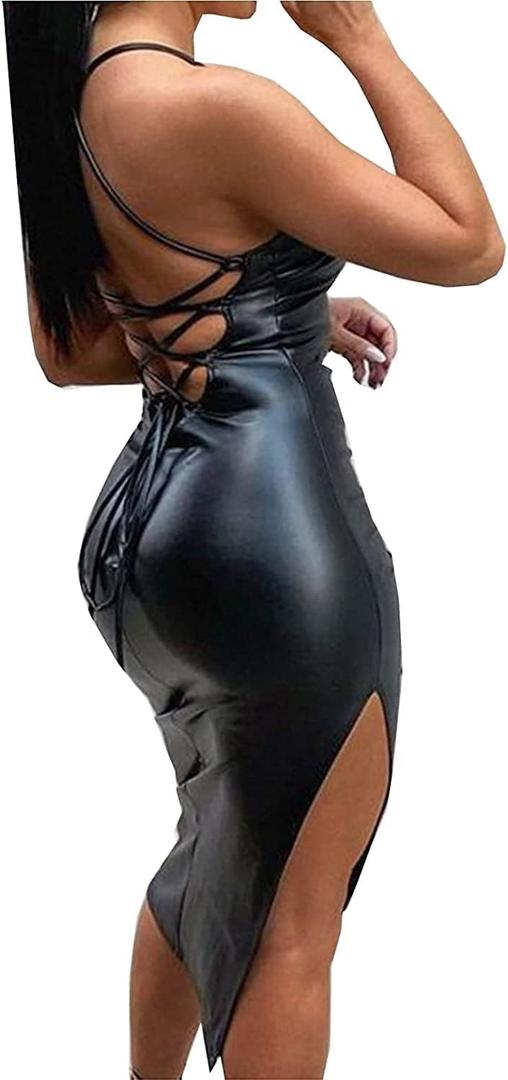 Women's Sexy Imitation Leather Backless Leisure Open Cross Suspenders Dress Bar Nightclub Stage Clothing (Color : Black, Size : Size L-)