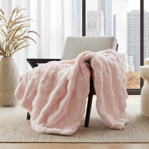 Madison Park Luxuriously Cozy Soft Long Faux Fur Basketweave Blanket, Reversible Soft & Snuggly Velvet Throw, Lightweight, Breathable, All Season, Trendy Room Decor, 50x60, Pink