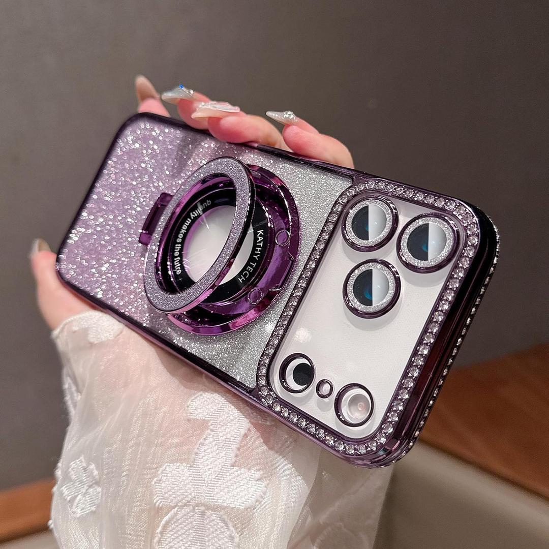 LXK Magnetic Stand for iPhone 17 Pro Case, [Compatible with Magsafe][Built-in Camera Lens Protector] Glitter Bling Card & Soft TPU Diamonds Bumper Protection Cover for Women Girls 6.3" Purple