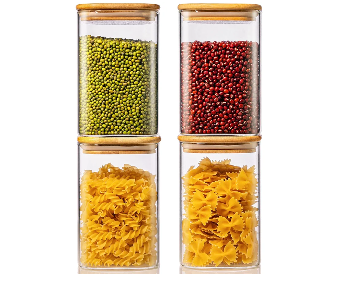 42oz - Pack of 4 Square Glass Jars with Bamboo Lids, Glass Food Storage Containers with Airtight Lids for Kitchen, Air Tight Pantry Storage Containers for Cereal, Pasta, Rice, Sugar, Coffee, Spice