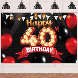 FlagY-Bn-40 Happy Birthday Banner Happy 40th Birthday Black Banner Decorations Gold Backdrop Red and Black Balloons Theme Decor for Girls Women Princess 40 Years Old Birthday Party Supplies Photo Booth Props Background Favors Glitter