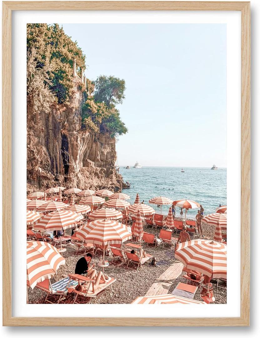 HesenDot Natural OAK Wood Framed Summer in Positano Wall Art,12x16in Italy Amalfi Coastal Canvas Wall Print,Arienzo Beach Umbrellas Poster Wall Decor for Living Room,Bedroom,Office Gallery Set of 1