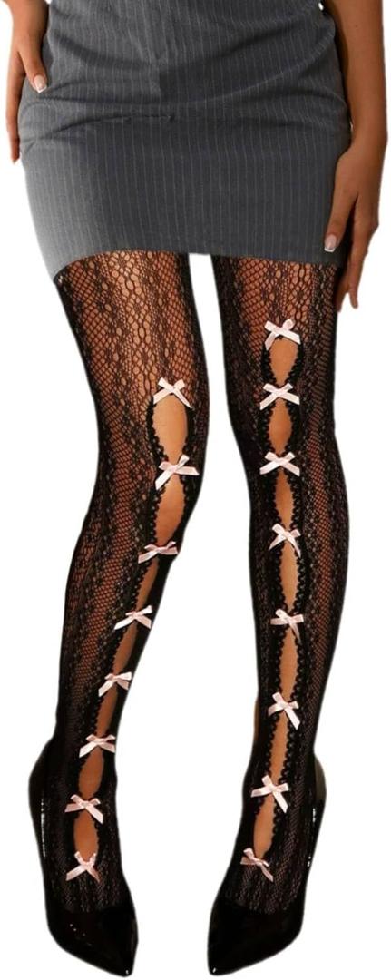 Milumia Women's Bow Tie Lace Tights Y2k Hollow Out Fishnet Stockings (Black)