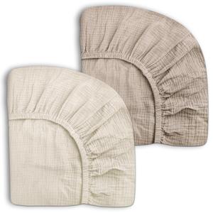 Pack and Play Sheets for Baby Boy and Girl 2 Pack, Neutral Muslin Cotton Pack N Play Mattresses Sheet 27"x39", Muslin Nursery Bedding Soft and Breathable Comfort (Beige & Cream)