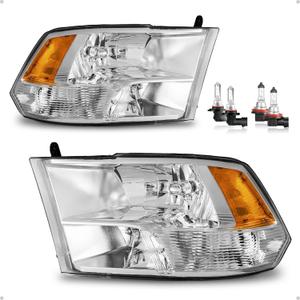 Headlights Driver & Passenger Side for 2009-2018 Dodge Ram 1500 Headlights for 2010-2018 Dodge Ram 2500 3500 Quad Pickup (ONLY fit Quad-Hole Single Headlight), Chrome Housing, Chrome | With High & Low Beam Bulbs