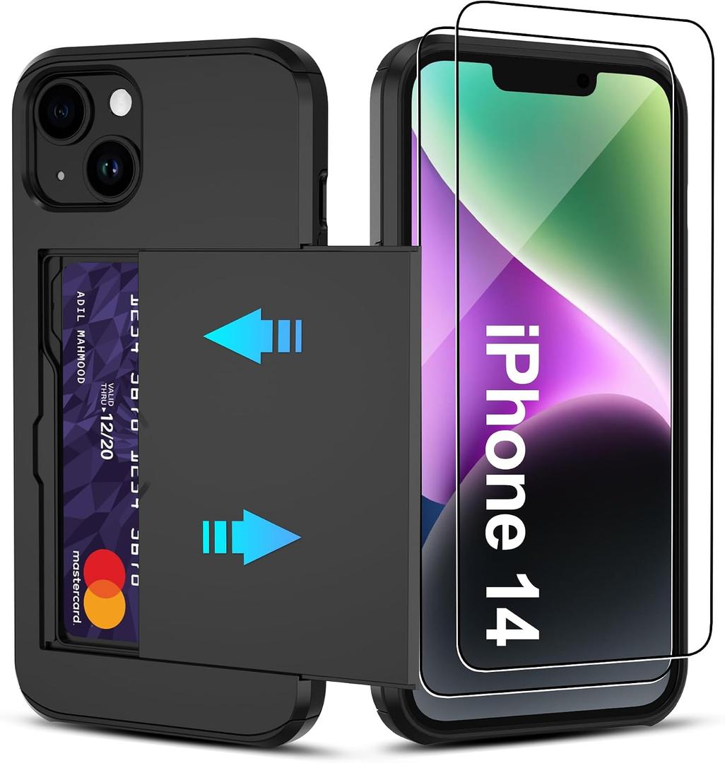 Pilaru for iPhone 14 Case with Card Holder2 Pcs HD Screen Protector i Phone 14 Case Slim Heavy Duty Dual Layer Shockproof DesignHidden Card Slot Wallet Case for iPhone 14 Phone Case -Black
