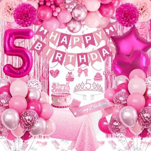 5th Birthday Decorations Girl, Pink Party Decorations with Number 5 Balloon Happy Birthday Banner Bday Sash Crown Tablecloth Fringe Curtain Hanging Swirl for 5 Year Old Girl Bday Decor