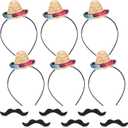 12 Pcs Mini Sombrero Mexican Party Hat Fake Mustaches Set 6 Cinco De Mayo Fiesta Headband Hat 6 Mustache Costume (5.9 Inches)