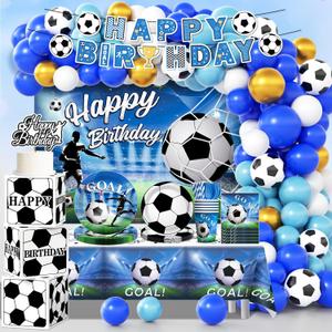 Soccer Birthday Party Decorations, All-in-1 Supplies Pack, Includes Plates and Napkins, Backdrop, Tablecloth, Balloon Kit for Blue Soccer Theme Party Decorations