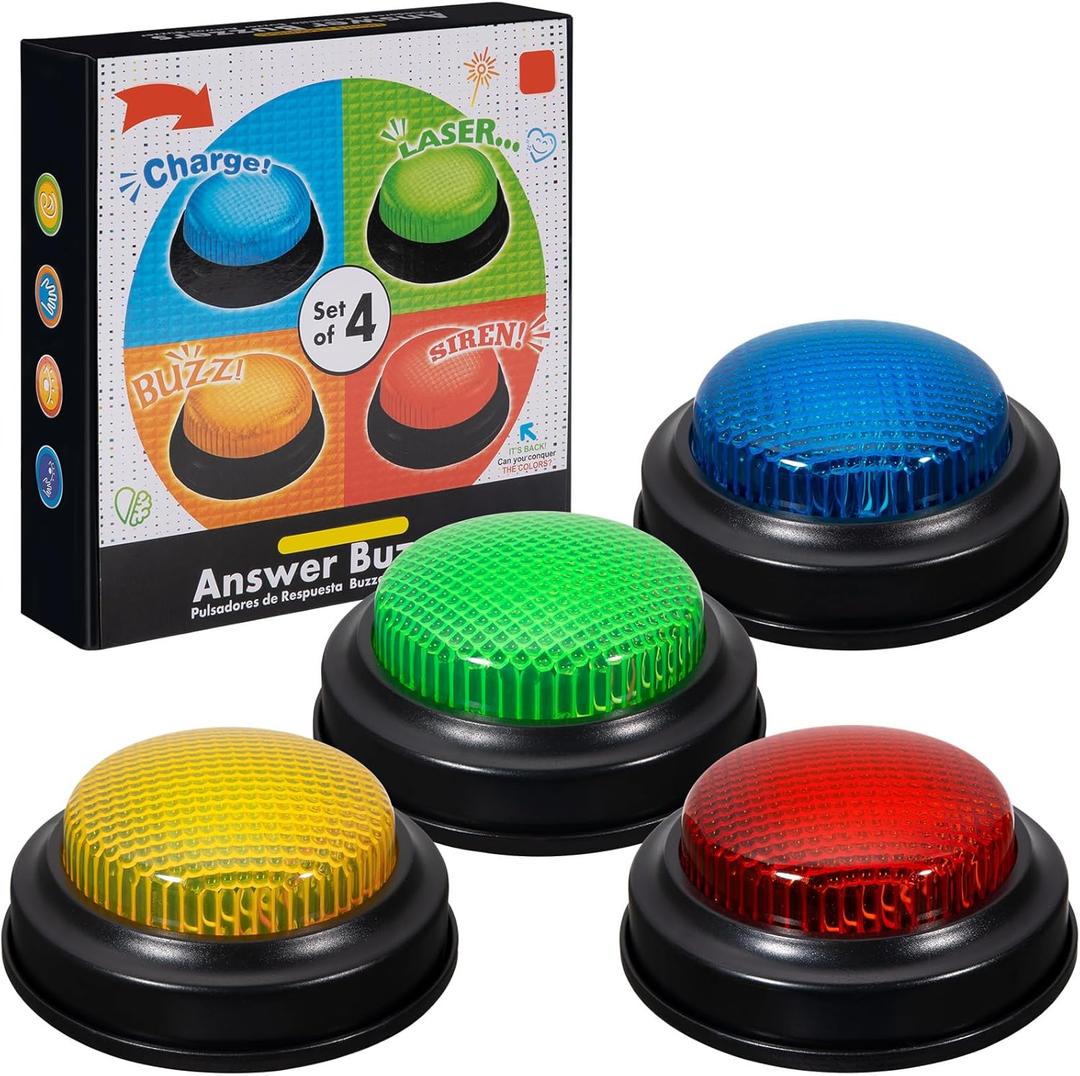 Set of 4 Trivia Game Buzzers with Lights & Sound, Family Feud & Jeopardy Quiz Buttons for Classroom, Party Games, Red/Blue/Yellow/Green