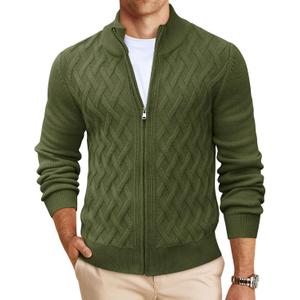 Yousify Mens Cardigan Sweater Full Zip Cable Knitted Stand Collar Cardigan Casual Long Sleeve Sweaters Army Green, XL