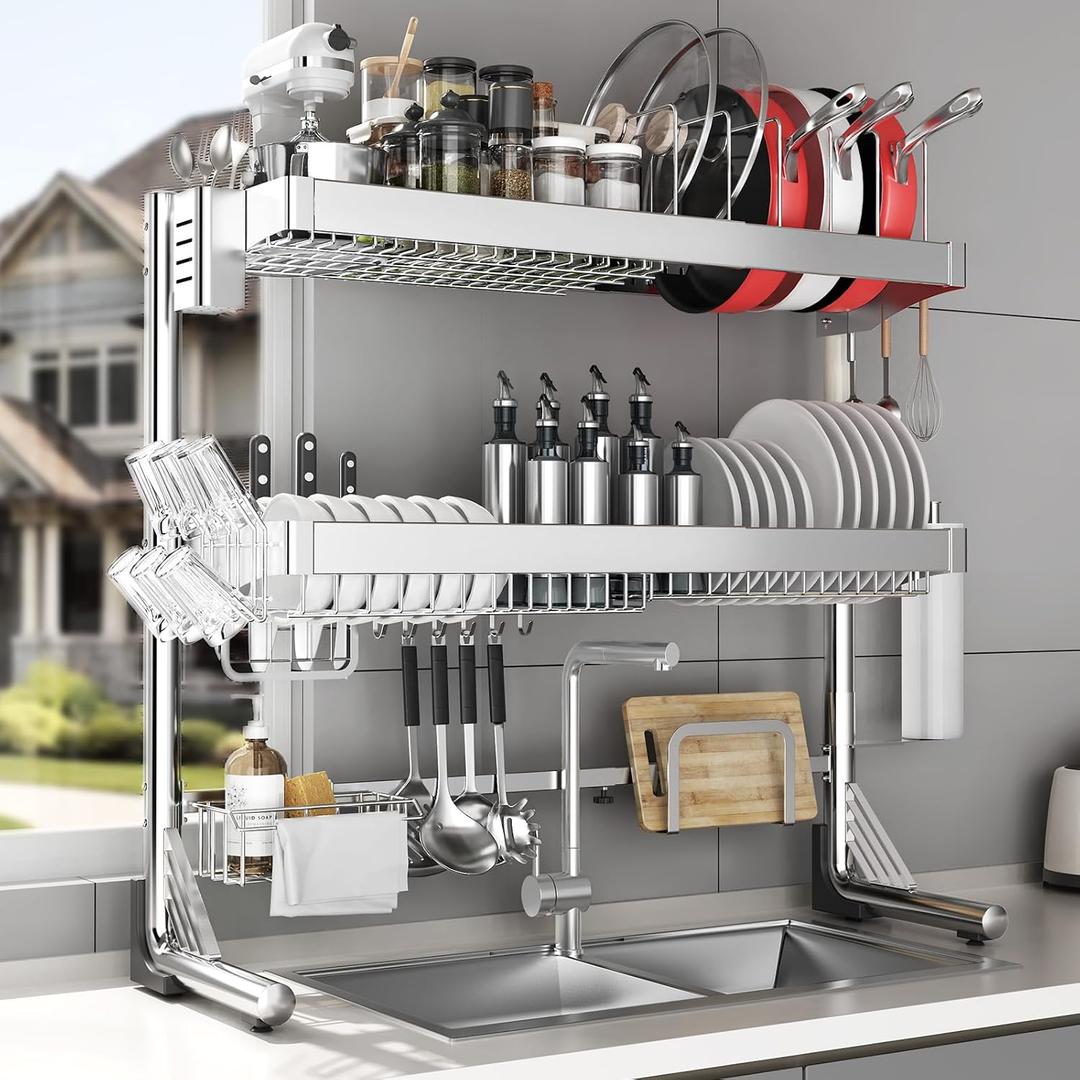 Over The Sink Dish Drainer Drying Rack 3 Tier, Full Stainless Steel Dish Drying Rack Adjustable Length 20.9''-37.4'' , Kitchen Sink Shelf, Organized Space-Saving Dish Rack with Pots and Pans Rack (Silver)