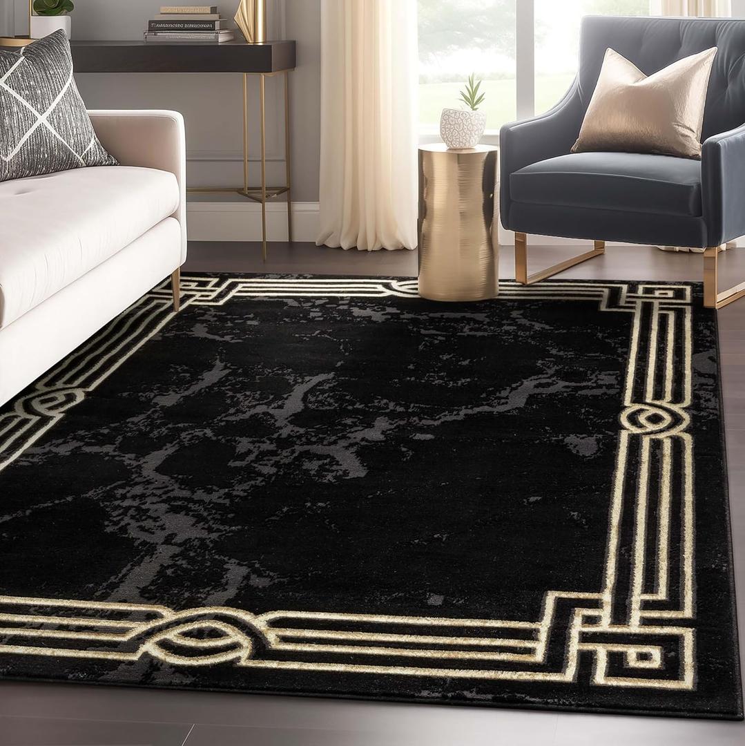 Well Woven Lezlee Abstract Modern 3'11" x 5'3" Area Rug Black Gold Marble Border - for Entryway, Office, Accent 