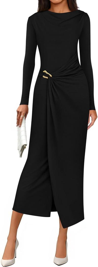 PRETTYGARDEN Women's Fall Wedding Guest Cocktail Midi Dresses Elegant Long Sleeve Bodycon Ruched Dress 2026 Fashion Clothing (Black, XL)