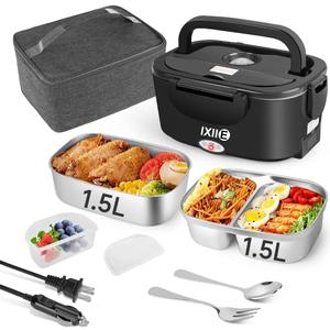 Electric Lunch Box 80W Food Warmer for Work, 12V/24V/110V Portable Lunch Warmer for Adults with 2-Pack Stainless Steel Containers, Heated Lunch Box for Car/Truck/Office/Outdoors (Black+Black)