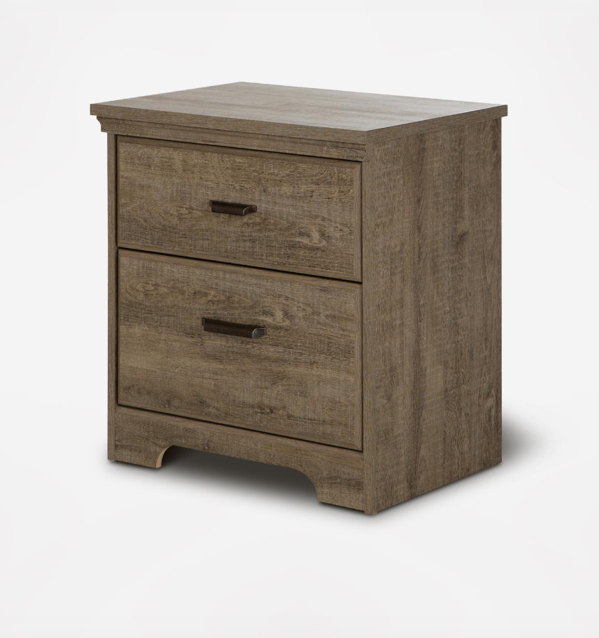 Versa 2-Drawer Nightstand, Materials: Laminated particleboard
Care Instructions: Clean with a soft dry cloth
Dimensions: 23 x 17.75 x 25.25 in.
Brand: South Shore Furniture