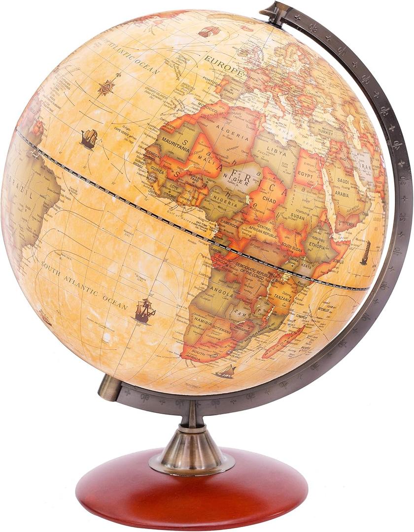 Exerz 12" Antique Globe With a Wood Base - Rotating World Globe - Modern Map in Vintage Color 12" Diametre