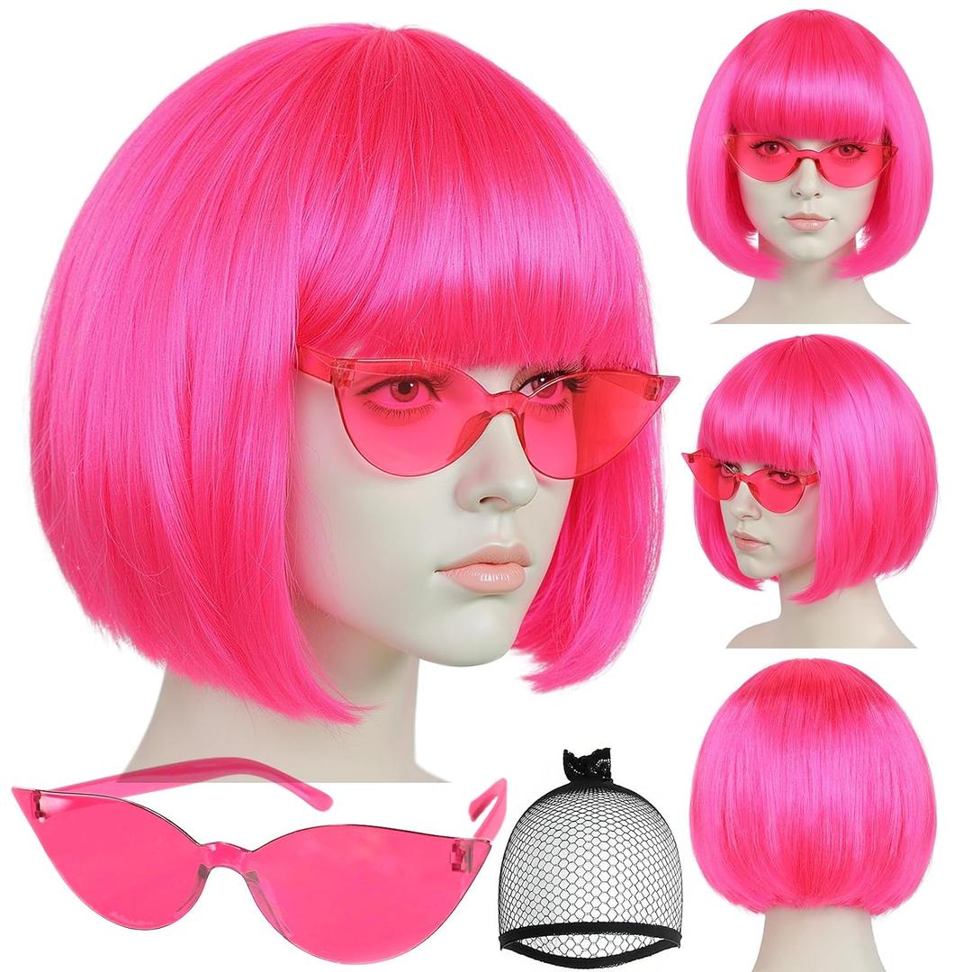 Short Hot Pink Bob Wig with Bangs 3Pcs Colorful Party Wigs Fun Funny Wigs for Women Neon Pink Bob Wig for Halloween Outfit Costume Party Pelucas De Mujer+Sunglasses+Hair Cap