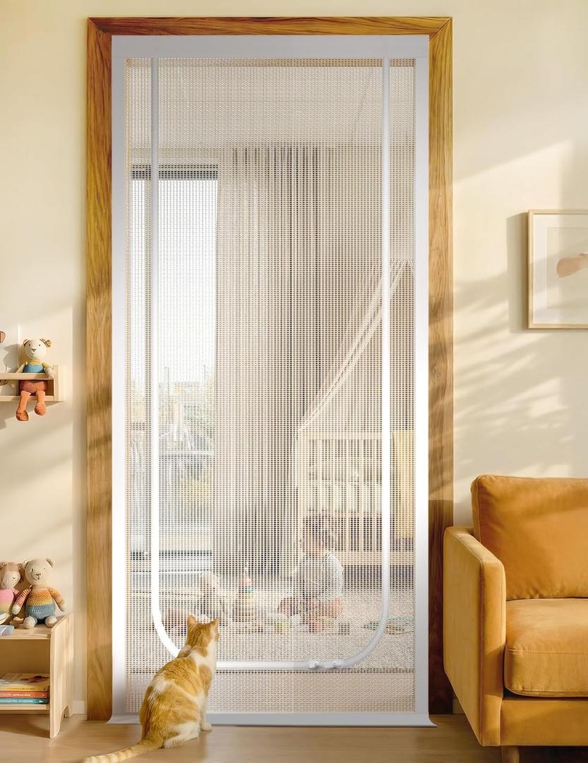 BFNN Cat Screen Door, Extra Tall Cat-Proof Mesh Gate, Fit Door Size 30'' x 80'', Anti Scratch Mesh with Zipper Closure, for Living Room, Kitchen, Bedroom (White, U-Shaped)