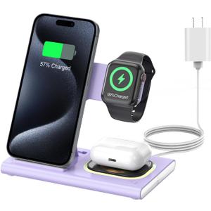 3 in 1 Charging Station for iPhone 17 - Wireless Charger for Apple Devices for iPhone 17 16 15 14 13 12 11 Pro Max - Foldable Wireless Charging Station Dock Stand for Apple Watch Series & AirPods (Purple)