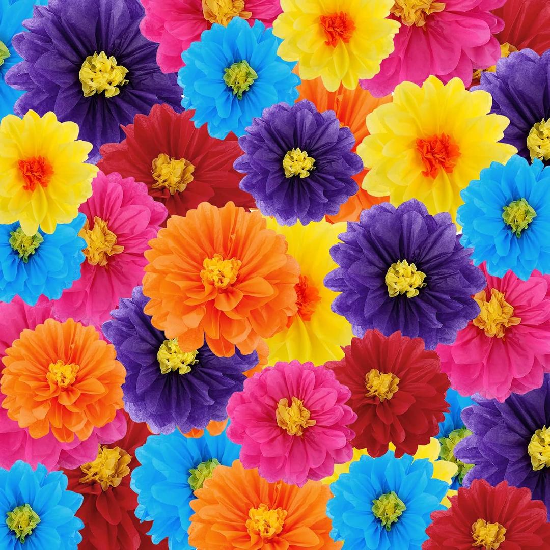 Geyee 54 Pcs Mexican Paper Flowers Colorful Fiesta Tissue Paper Flowers Pom Poms Mexican Carnival for Floral Party Backdrop Wedding Birthday Party Craft (6" 8" 10")