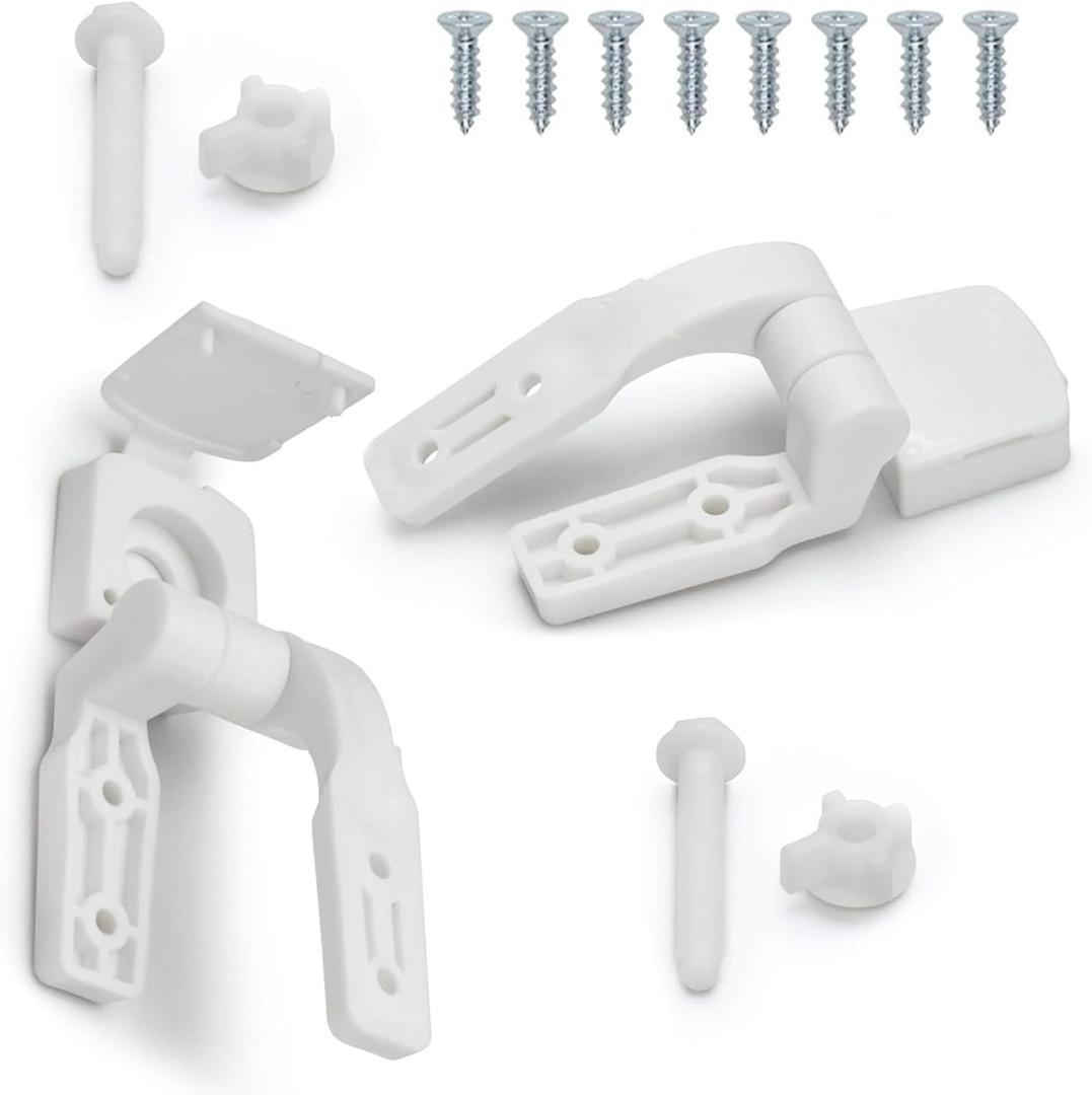 White Plastic Toilet Seat Hinge Replacement with Bolts, Screws, and Nuts, Universal Toilet Seat Bracket Hardware for Replacement and Repair.