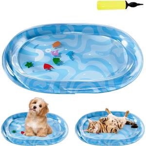 Cat Water Mat,Pet Water Bed,Cat Water Mat with Fish,Water Mat with Fish with Air Pump,Thickened Interactive Water Sensor Play Mat,Anti-Scratch Design Pet Water Mat(Blue Oval)