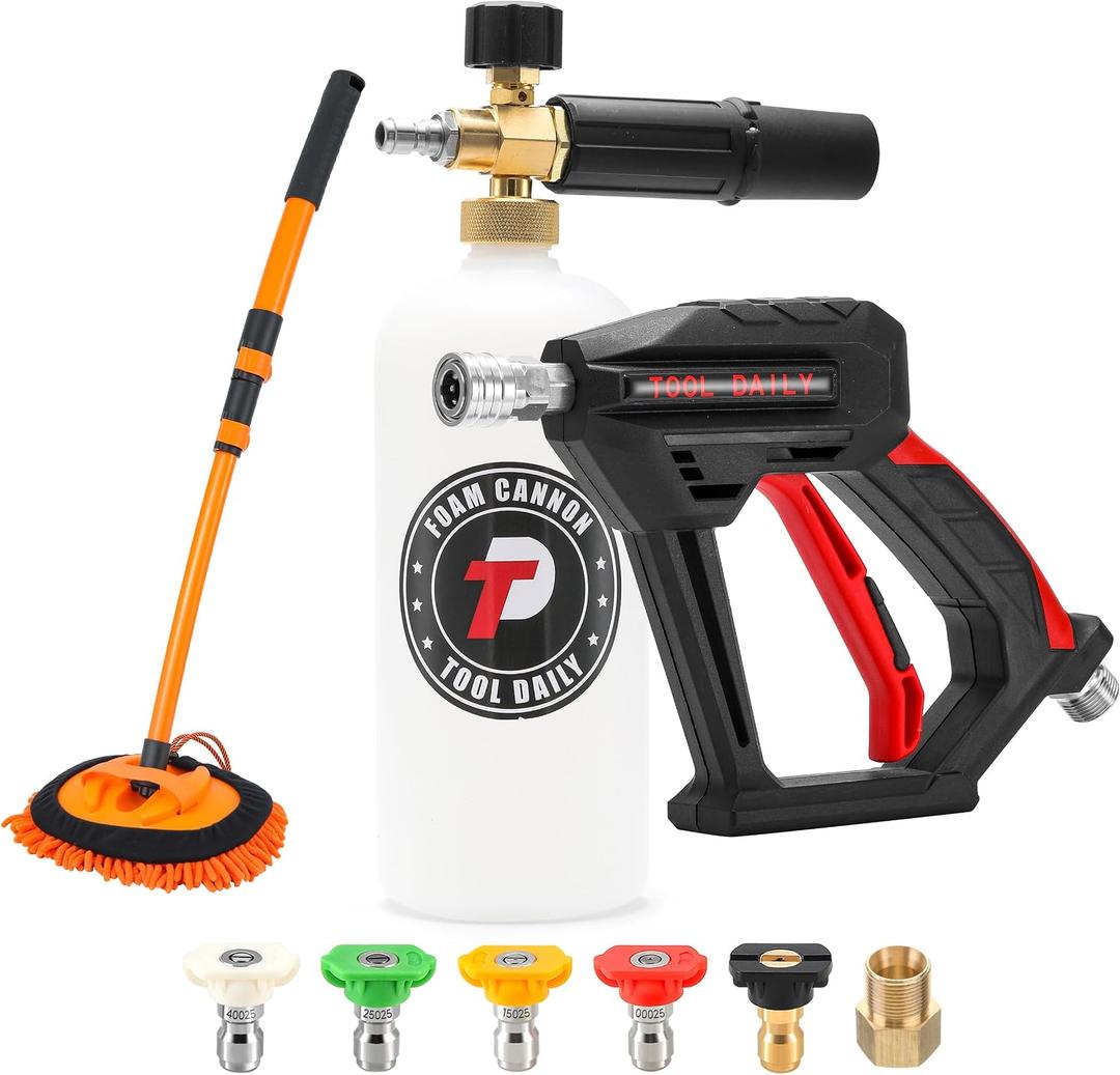 Tool Daily Short Pressure Washer Gun with Foam Cannon, 15 Curved Car Wash Brush with Long Handle, 5 Nozzle Tips, 1/4 Quick Connect