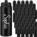 Dandat 50 Pack Reusable Water Bottles Bulk for Boy Adults 24oz Plastic Pull Top Cap Team Sports Bottles for Gym Football Cheer Party Favors(Black)