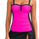Yonique Women's Underwire Tankini Swimsuits with Skirt Two Piece Bathing Suits Tummy Control Swimwear (Medium, Black and Pink)