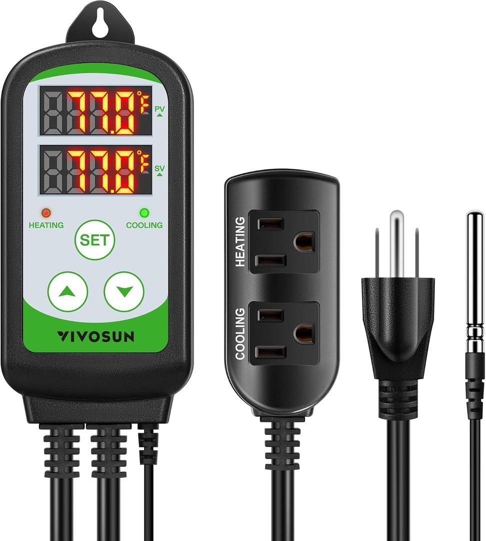 VIVOSUN 1500W Digital Temperature Controller, 2-Stage Outlet Thermostat Heating and Cooling Mode, Thermostat with Dual LED Display, for Homebrew Fermenter Greenhouse Terrarium, 110-240V 20A 1500W