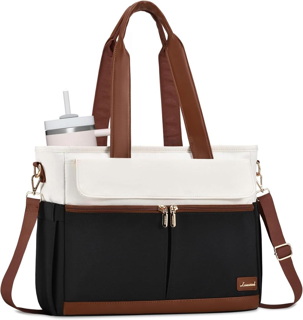 LOVEVOOK Upgrade Version Work Bags for Women 15.6 Inch Laptop Bag Large Capacity Multiple Pockets Teacher Bag Water Resistant Canvas Tote Bag Purse for Office Travel College Nurse Teacher, Black Brown