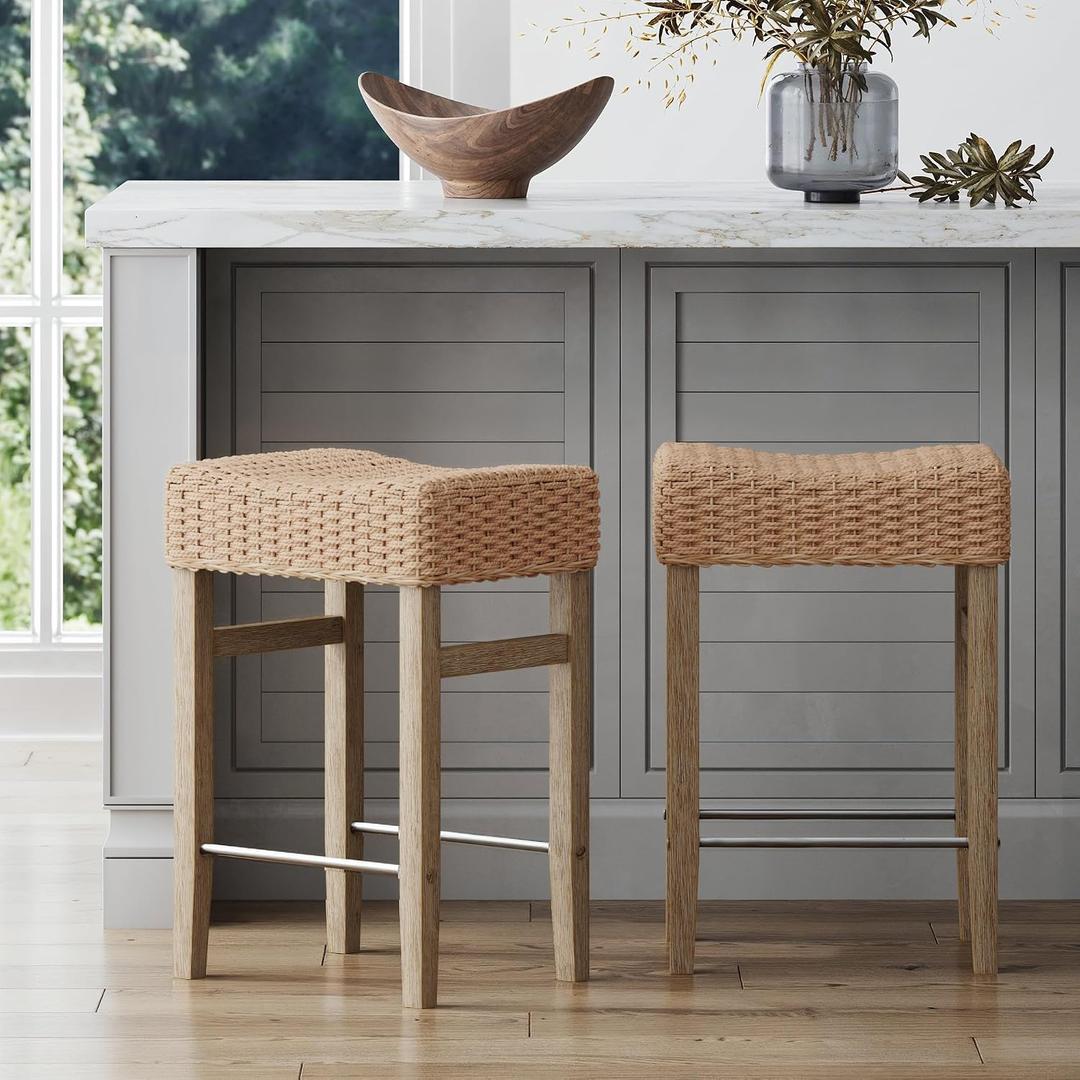 Nathan James Harvey Rattan Bar Stool, Bohemian Counter Height Stool with Woven Seagrass Seat, Solid Wood Legs, and Metal Footrest Seagrass/Brushed Gray