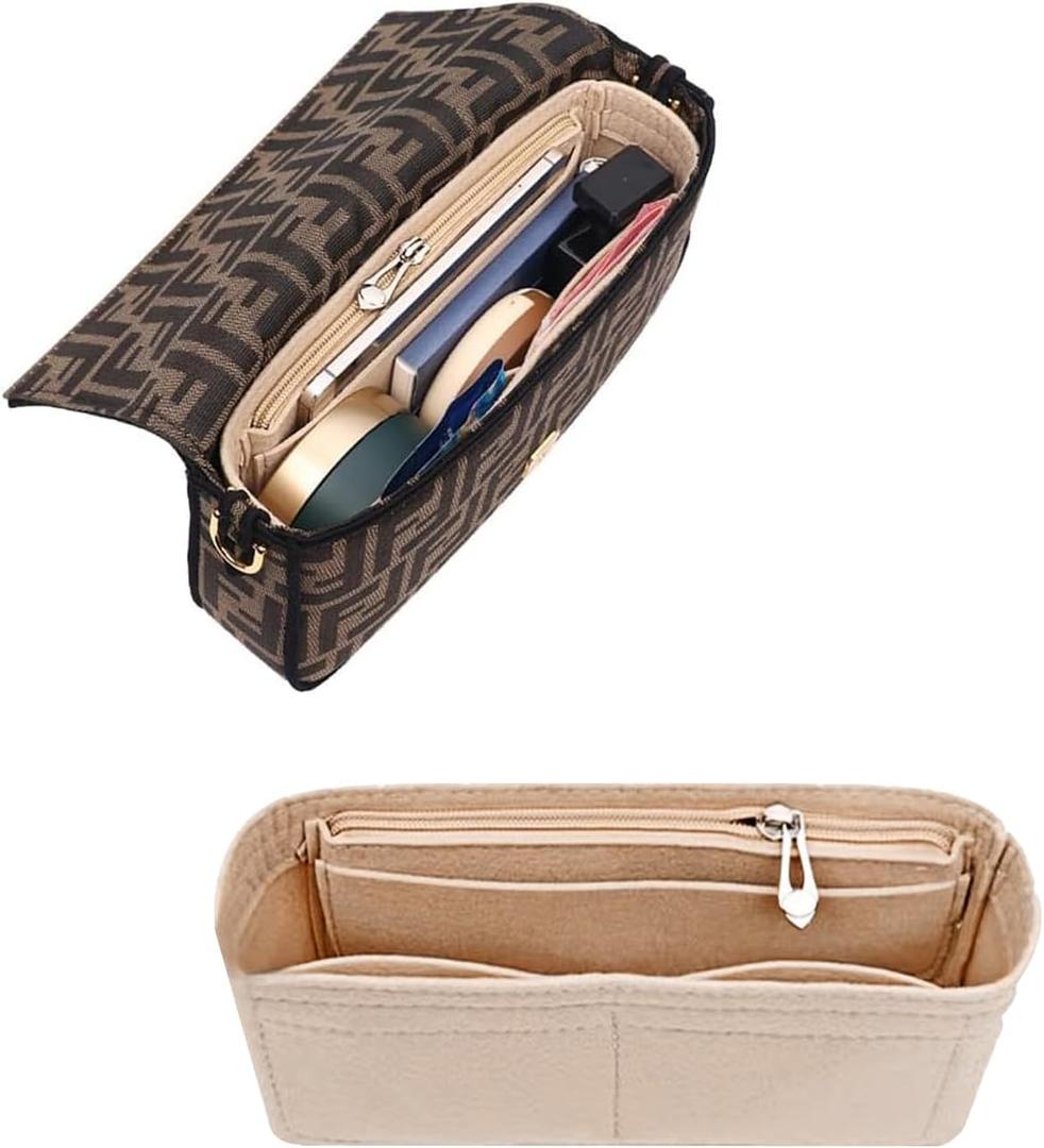 Chispee Zipper Softened Felt Purse Organizer Insert for Baguette, Tote, Longchamp Handbags Lightweight Bag Organizer with Multiple Pockets (Medium,Beige)