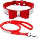 Cute Dazzling Sparkling Elegant Fancy Soft Suede Leather Bling Rhinestone Crystal Jeweled Pet Cat Dog Puppy Collar Dog Leash Combo Set (M, Red-1)