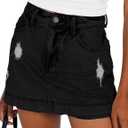BISUAL Denim Skort for Women High Waist Ripped Mini Denim Skirt Casual Distressed Stretch Women Jean Skirt (Black, XXL)