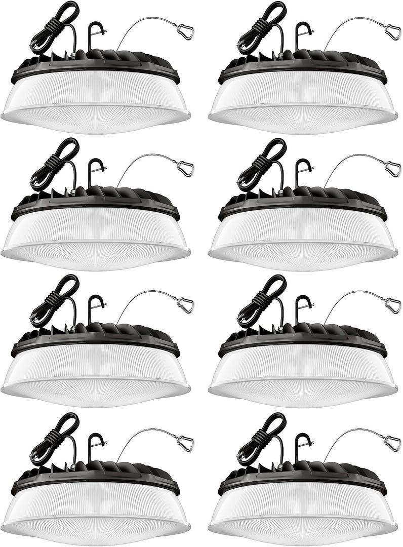200W 8 Pack UFO LED High Bay Light with Reflector 28,000lm 5000K LED High Bay Lights AC110-277V 5' Cable with Plug Waterproof UFO Lights for Garage Shop Gym Factory
