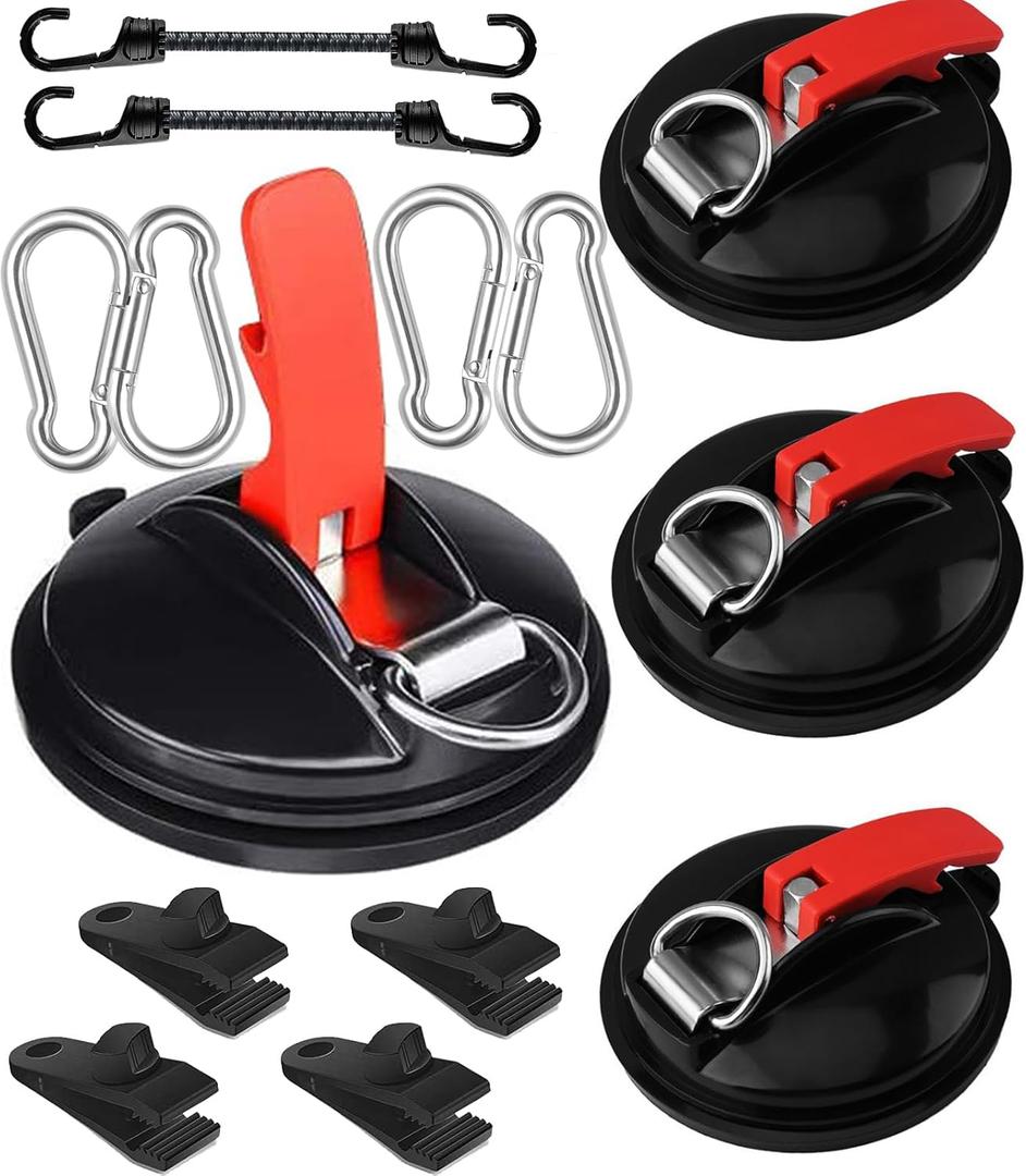 Upgrade Heavy Duty Vacuum Anchor, 4pack High Strong Vacuum Suction Cups Tie Downs with Carabiners & Tarp Clips for Car Awning Boat Camping Trap Bathroom Pet