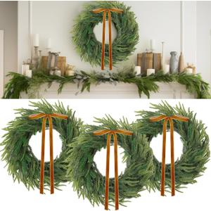 3 Pcs 24 Inch Christmas Norfolk Pine Wreath Artificial Real Touch Norfolk Wreath Winter Farmhouse Greenery Decoration with Ribbon Bow for Front Door Xmas Indoor Outdoor Home Decoration(Khaki)