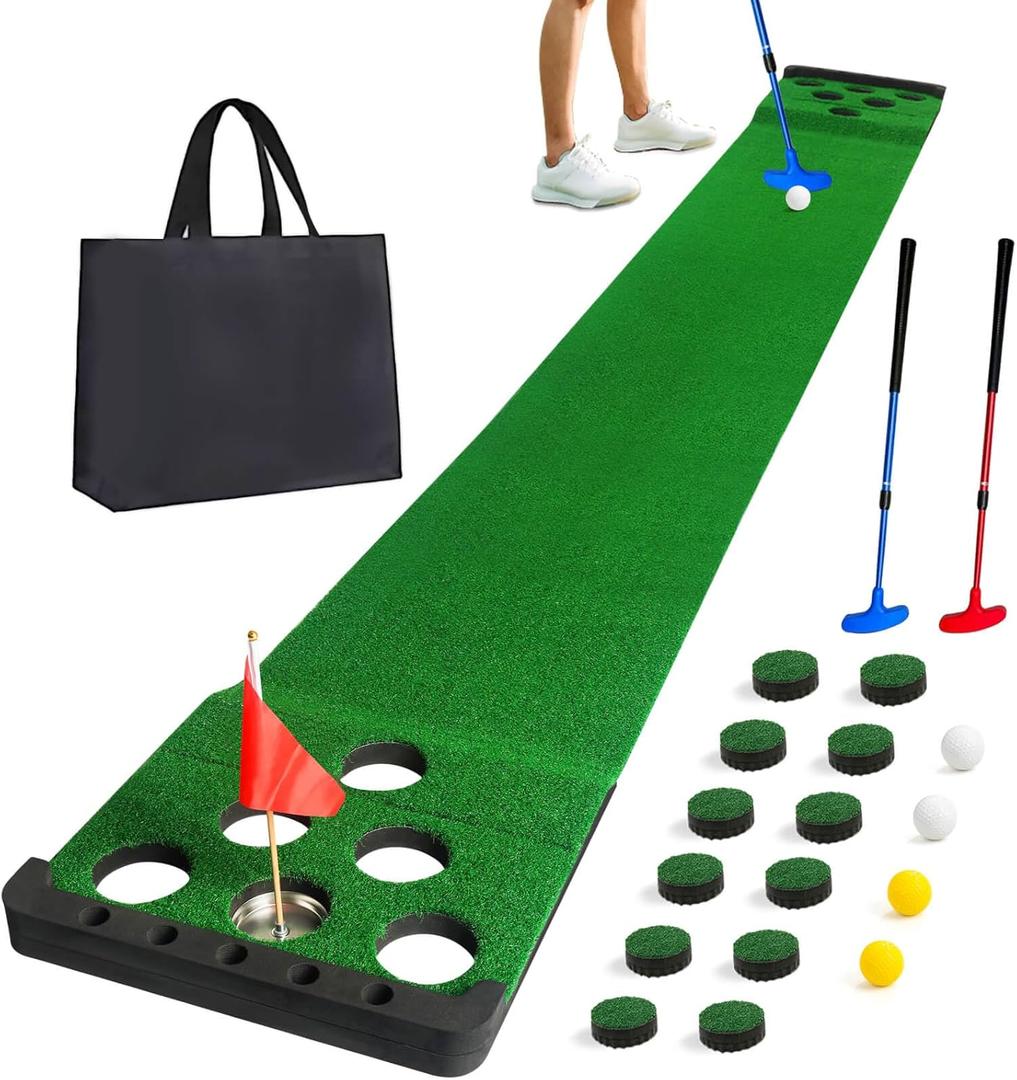 Golf Putting Game Set with Front Border for Indoor & Outdoor,Golf Putting Green Mat Include 4 Balls,1 Portable Bag,2 Flags&Cups,Practice Training Aid for Backyard,Party,Office