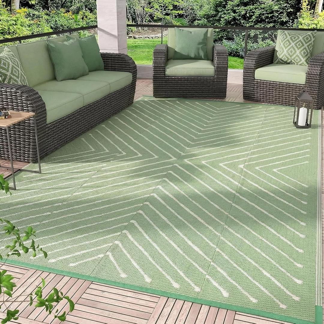 Garvee 9x12 Extra Large Modern Striped Outdoor Waterproof Rug, Reversible Patio Camping Mat for RV, Backyard, Deck, Porch, Balcony, Beach, Garden, UV Protected & Easy Clean Outdoor Carpet, GreenWhite.