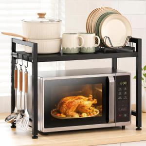 Microwave Rack, Adjustable Carbon Steel Stand with 3 Hooks, Large