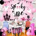 Halloween 1st Birthday Party Decorations for Girl Spooky One Backdrop Pink Black Hot Pink Balloons High Chair Banner Cake Topper for First Birthday Party Supplies