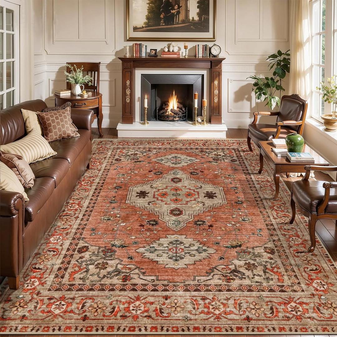 Tangsoo Boho 6x9 Washable Area Rugs for Living Room, Oriental Vintage Indoor Non Slip Large Area Rugs, Print Terracotta Carpet, Soft Low Pile Rug Foldable Floor Rugs for Bedroom Dining Room Home Decor