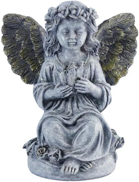 Garden Statues Outdoor Angel Statue Praying Cherub with Gold Wings Gray Resin Memorial Garden Decor Weatherproof for Cemetery Graveyard Indoor Outdoor Display Gift