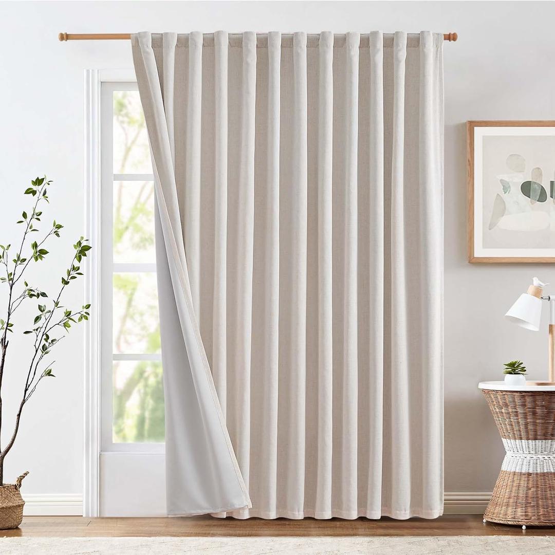 jinchan Linen 100% Blackout Curtain for Bedroom Living Room 100Wx84L Inches Crude Extra Wide Farmhouse Thermal Insulated Curtain Rod Pocket Back Tab Window Curtain 1 Panel, Ecru